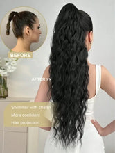 Before and after image of a long wavy synthetic wig transformation, showcasing confidence and charm.