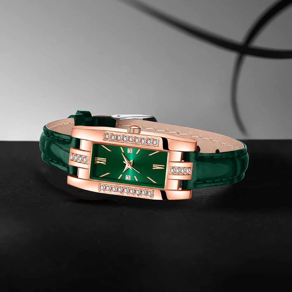 9PCS Green Women's Watch Bracelet Necklace Earrings Set Holiday Gift