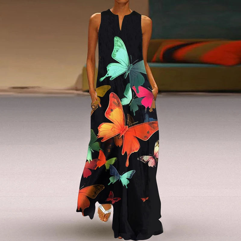Summer Dress Woman 2025 Printed Dresses Summer Sleeveless V-Neck Long Dress Ladies Casual Elegant Beach Party Maxi Dresses