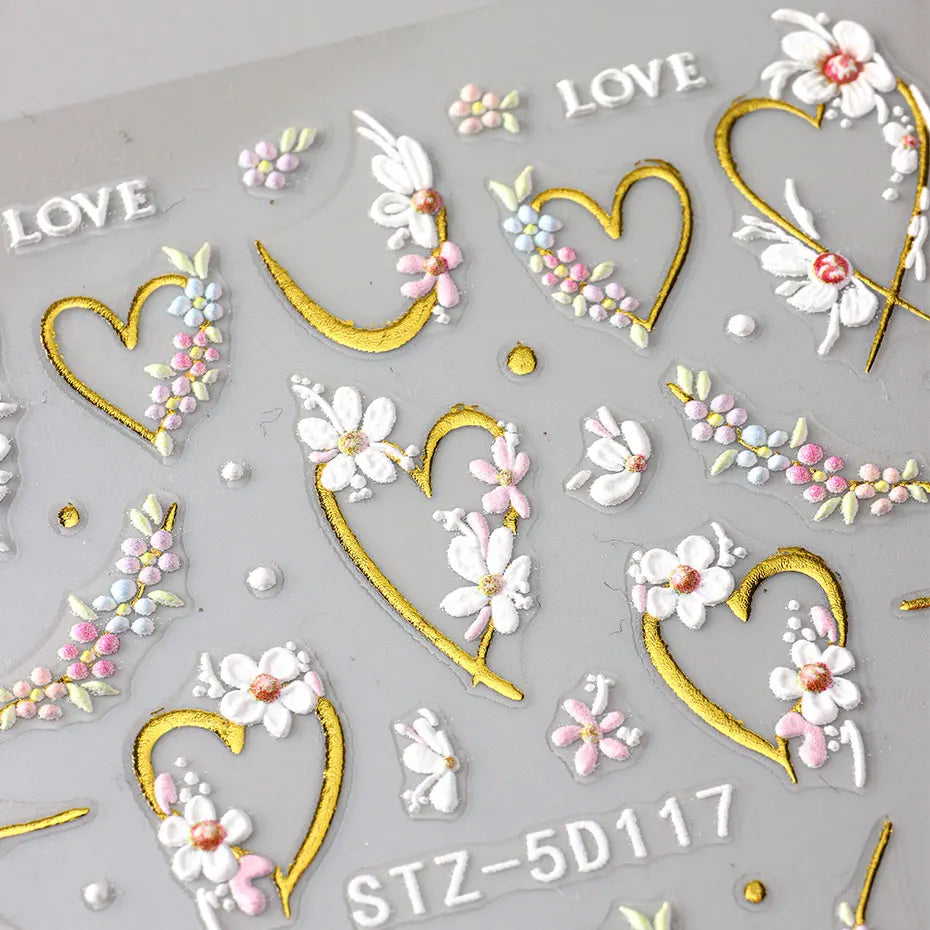 Floral Gold Line Sliders Spring White Flowers Nail Stickers