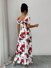 Women Rose Floral Print Maxi Dresses Square Neck Puff Short Sleeve Back Smocked Elastic Waist Flowy A Line Summer Vacation Dress