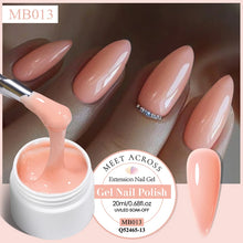 Gel nail polish application with a hand displaying nails painted in a similar shade, featuring 'Meet Across' brand.