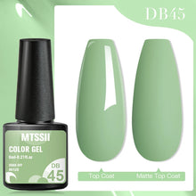 MTSSII color gel with a green nail polish and two nail samples on a light green background
