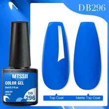 MTSSII color gel polish bottle with blue nail samples on a white and blue background