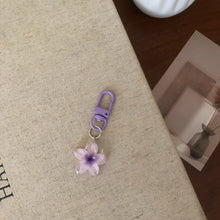 Flower keychain resin pendant on school bag zip pull accessory.