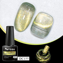 MTSSII DC155 magnetic cat-eye gel nail polish shown in a black bottle with a brush and two nail swatches displaying a shimmering gold-green iridescent finish on a black and white background.
