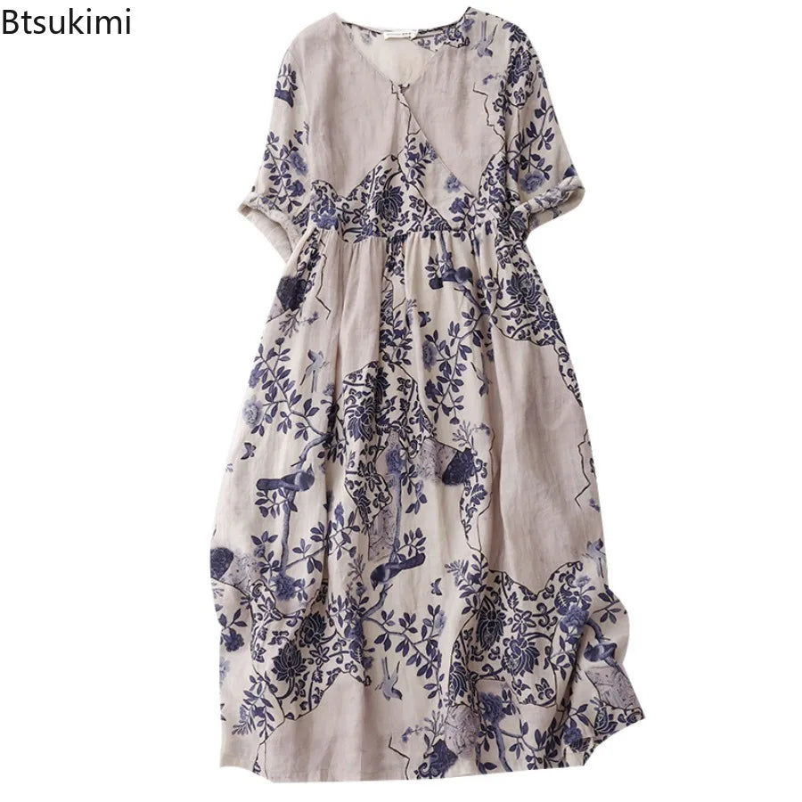Summer Dresses Retro Casual Loose Print V Neck Long Dress