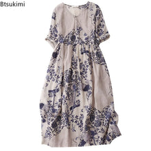 Summer Dresses Retro Casual Loose Print V Neck Long Dress
