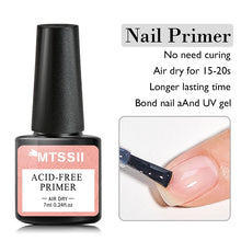 MTSSII nail primer bottle with application on a nail, labeled as acid-free and air-dry.
