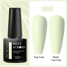 Nail gel polish bottle with two top coat options on a light green background