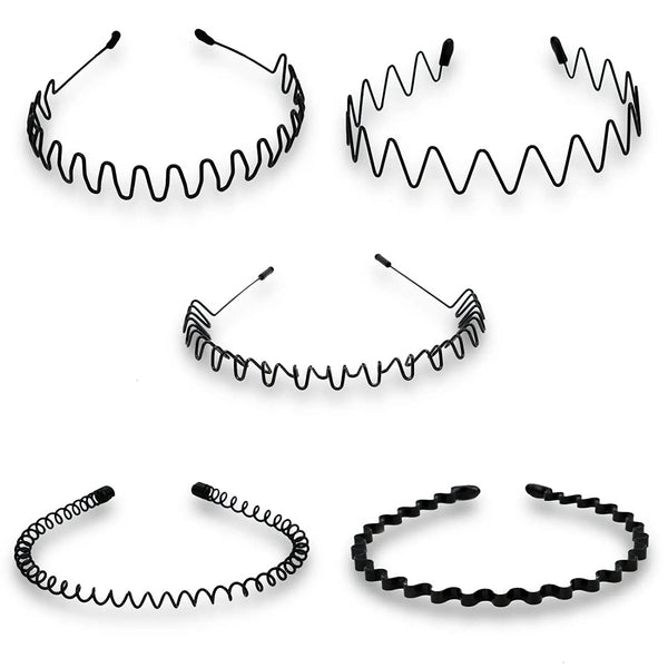 Metal headband non slip elastic wavy black design flat lay view.