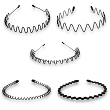 Metal headband non slip elastic wavy black design flat lay view.