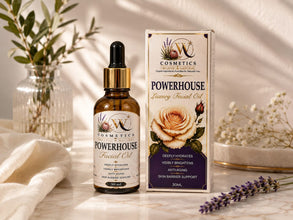 Powerhouse Luxury Facial Oil 30ml dropper bottle beside its floral packaging