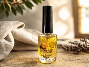 Nail Renewal Elixir bottle with golden liquid, black cap and organic and natural label