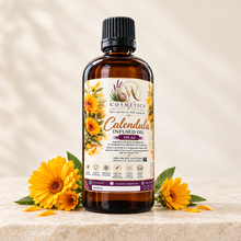 W Cosmetics calendula infused oil 100ml amber bottle with a floral label and black cap
