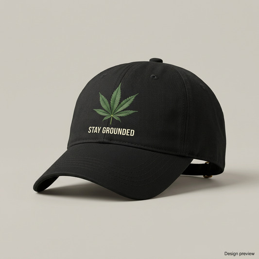 Adult wearing the Stay Grounded black cap in a lifestyle design preview